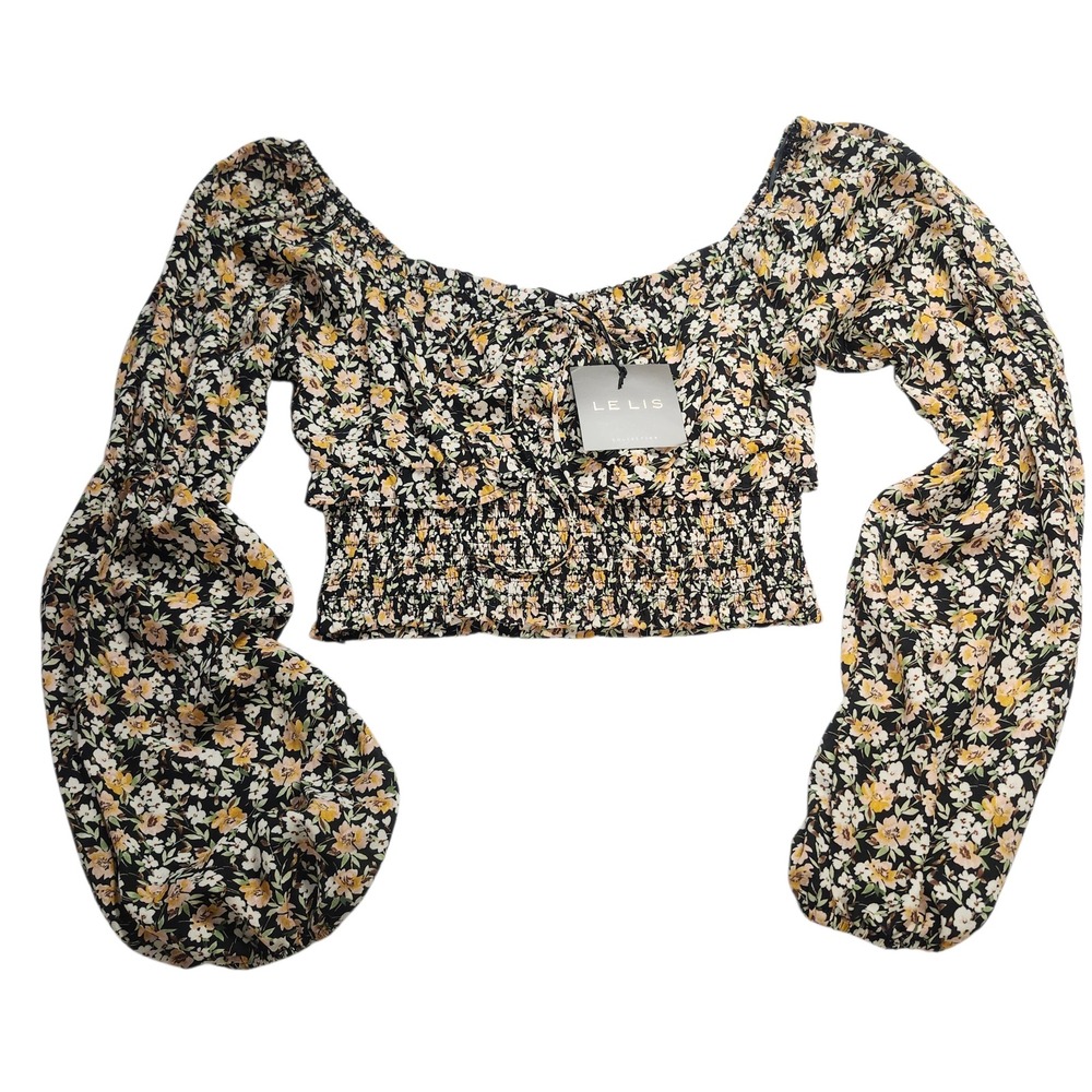 Le Lis Collection Floral Smocked‎ Crop Top Black Yellow Balloon Sleeve Medium